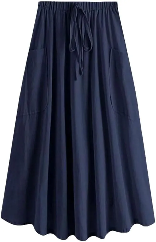 Korean Fashion Women Casual High Waist Pleated Midi Skirt with Pocket A Line Skirt