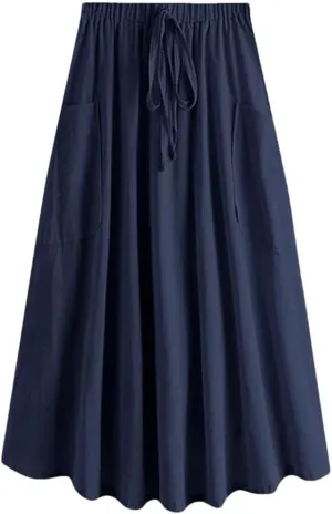 Korean Fashion Women Casual High Waist Pleated Midi Skirt with Pocket A Line Skirt