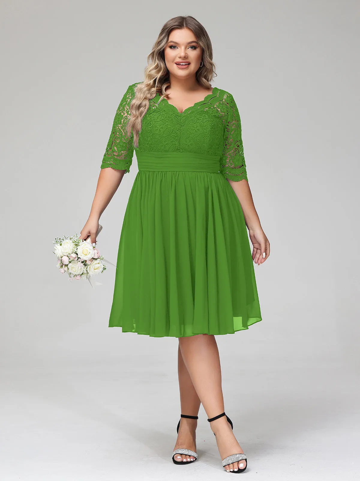 Lace and Chiffon Short Dress with Half Sleeves Moss