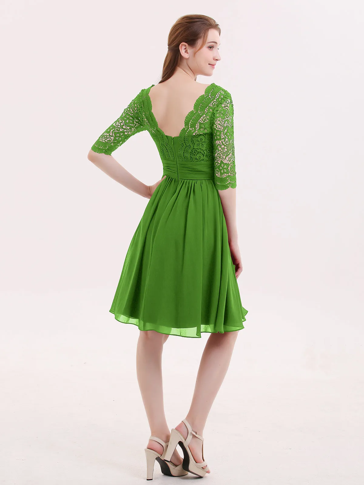 Lace and Chiffon Short Dress with Half Sleeves Moss