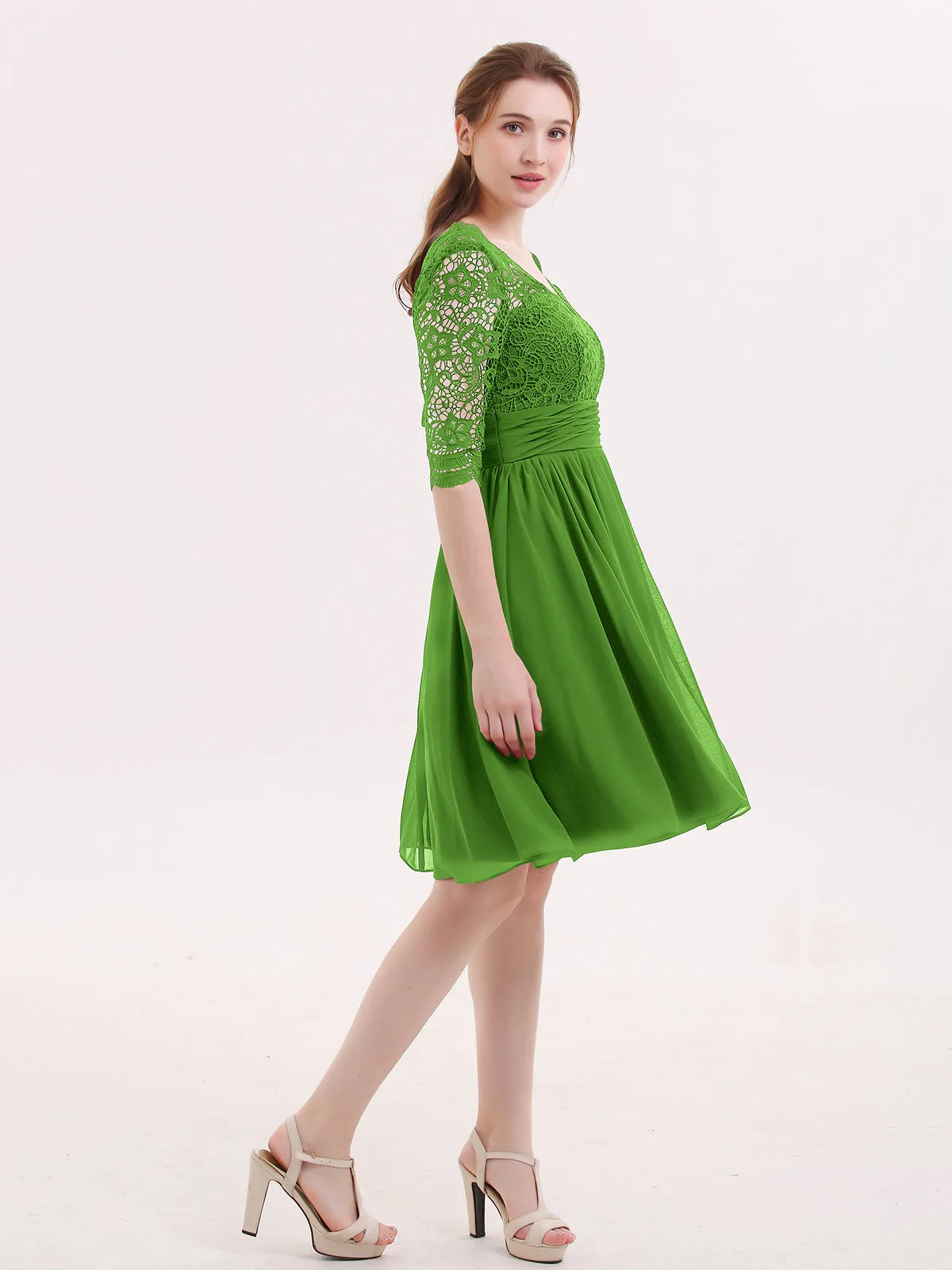Lace and Chiffon Short Dress with Half Sleeves Moss