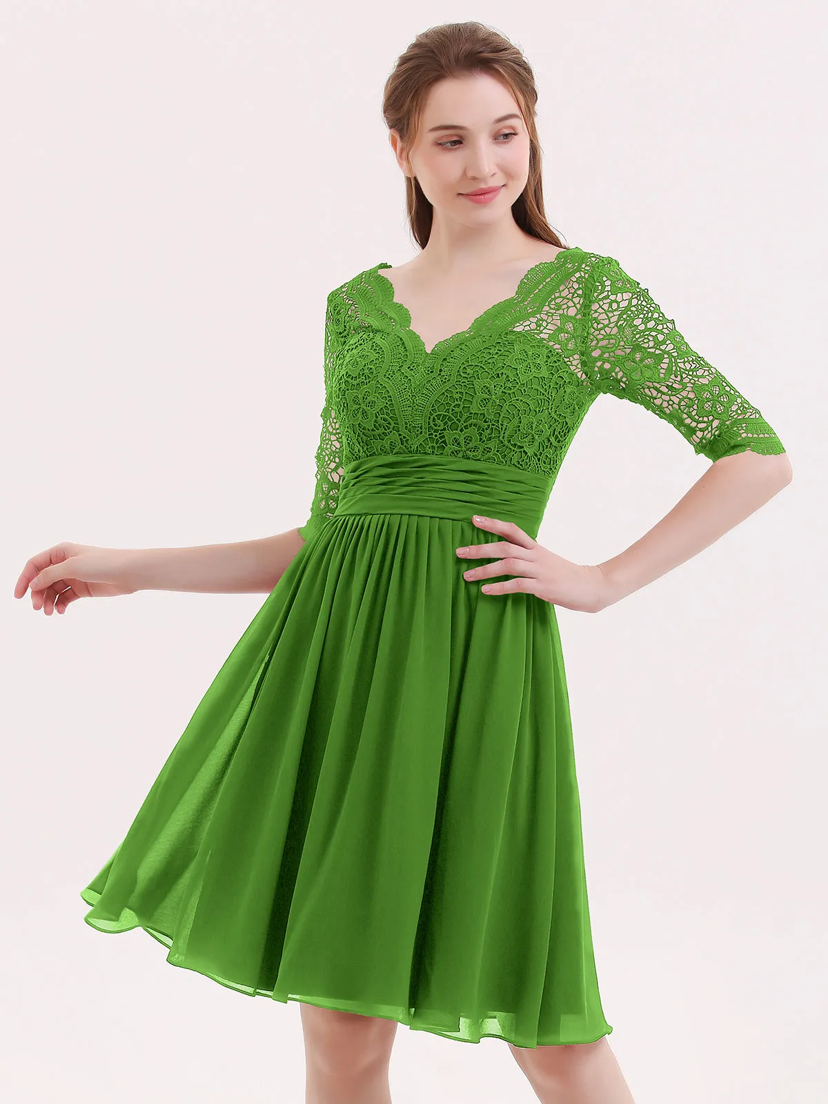 Lace and Chiffon Short Dress with Half Sleeves Moss
