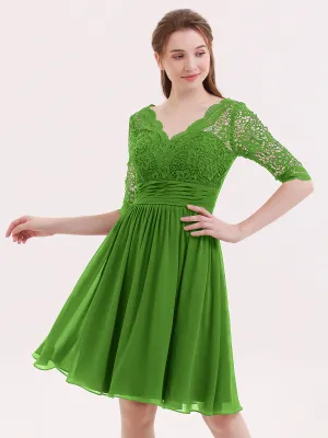 Lace and Chiffon Short Dress with Half Sleeves Moss