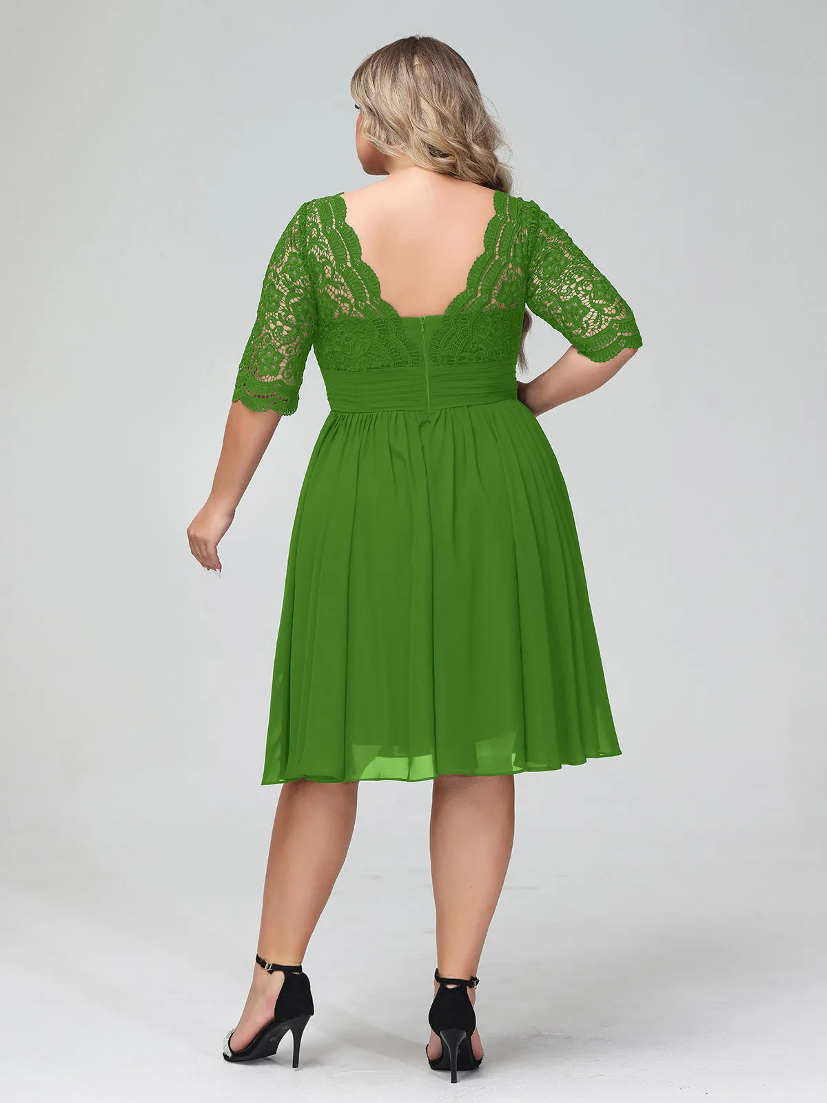 Lace and Chiffon Short Dress with Half Sleeves Moss