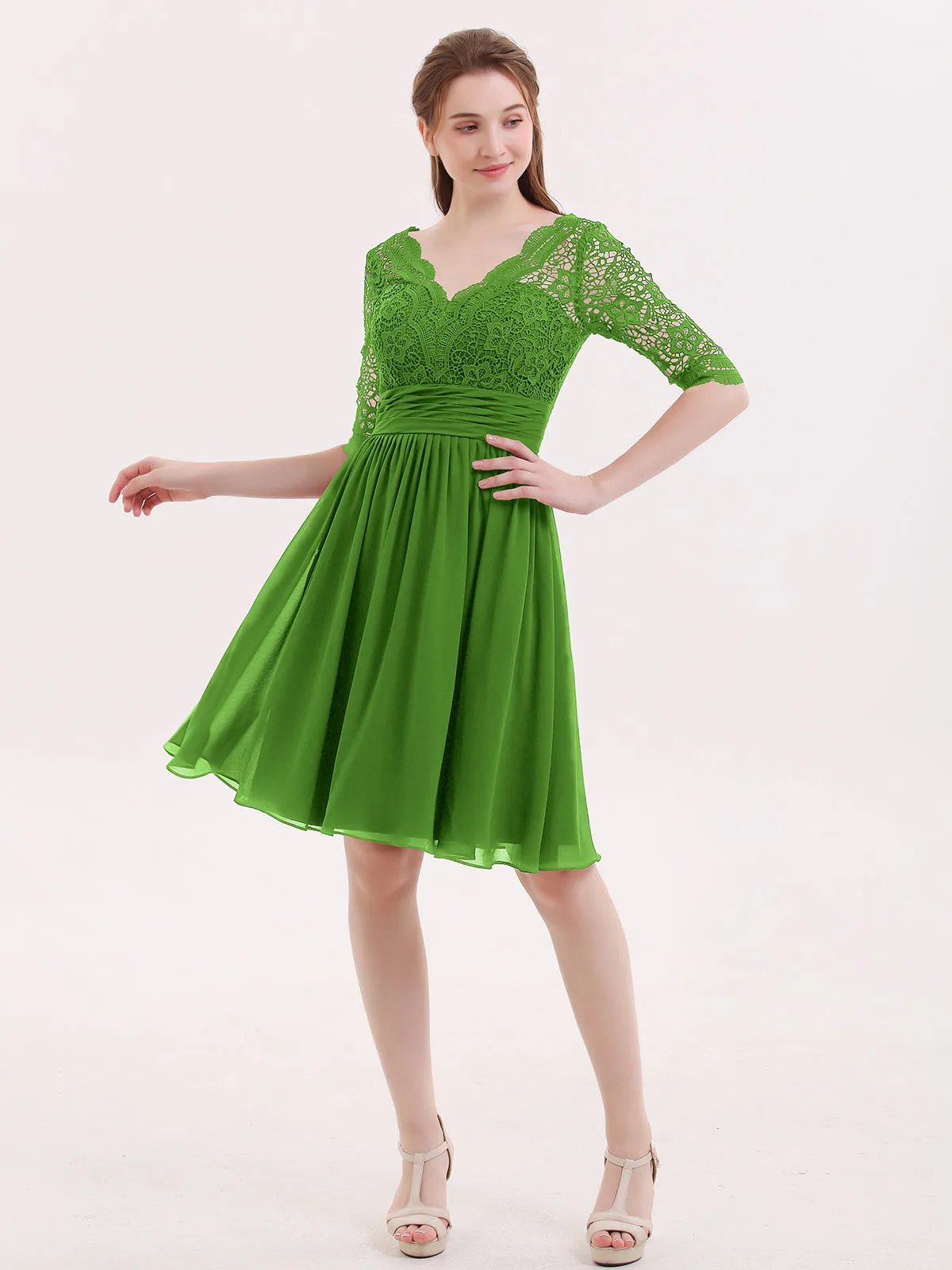 Lace and Chiffon Short Dress with Half Sleeves Moss