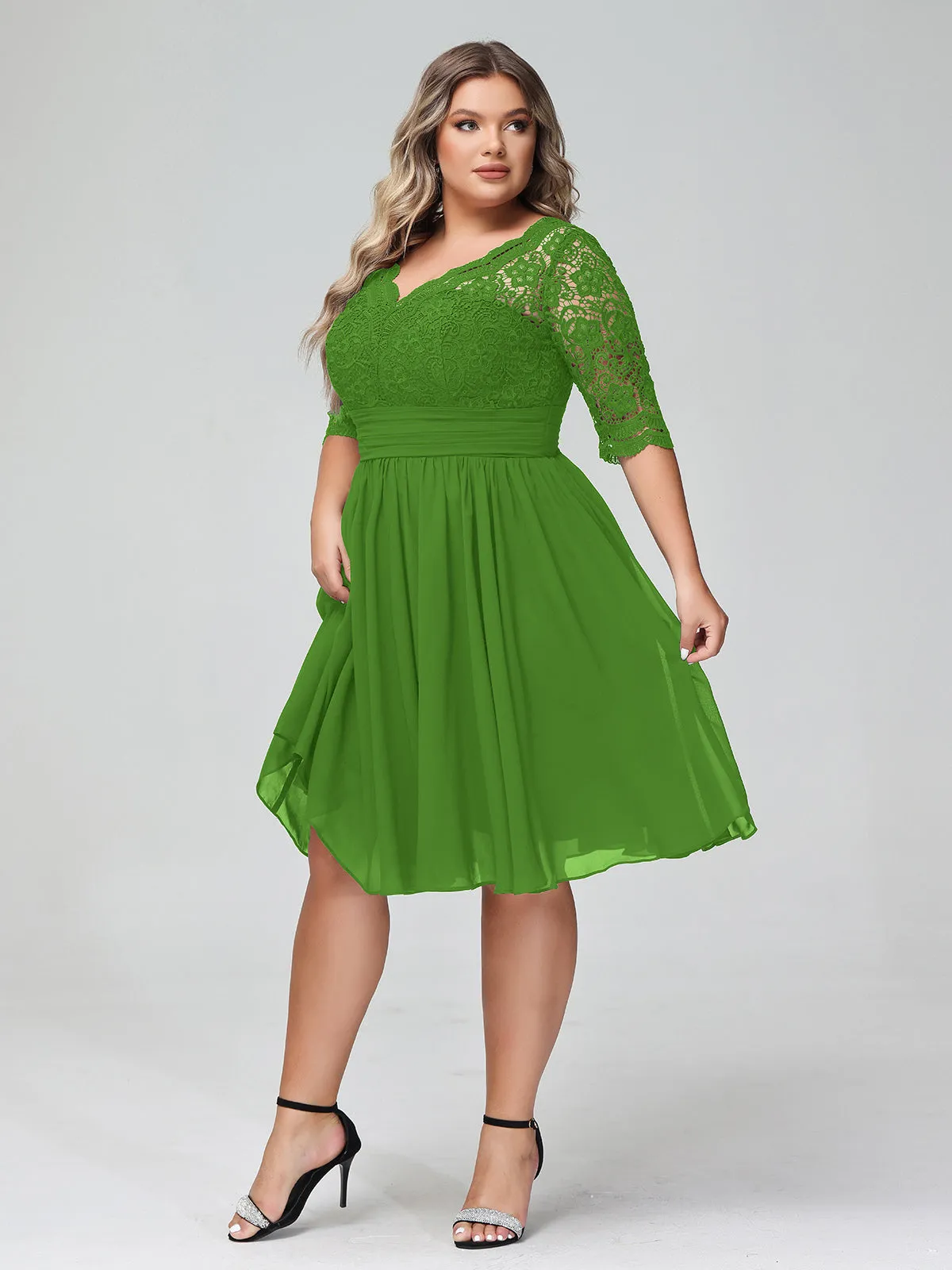 Lace and Chiffon Short Dress with Half Sleeves Moss