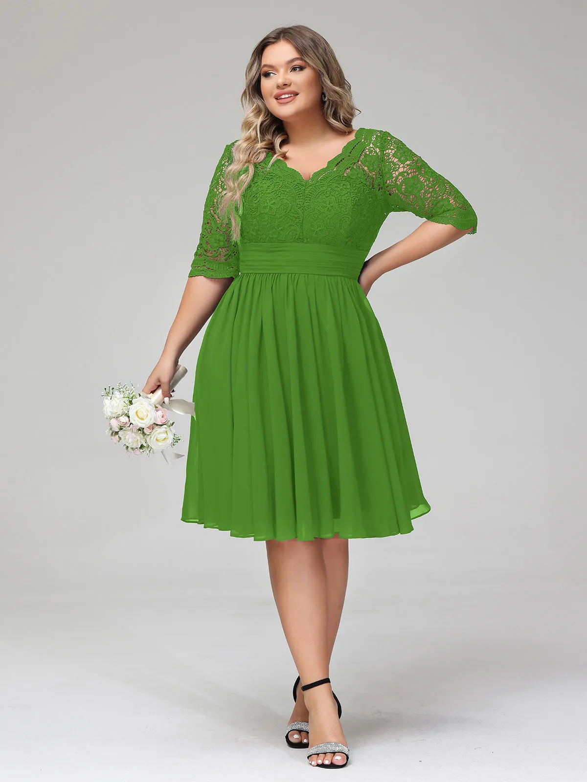 Lace and Chiffon Short Dress with Half Sleeves Moss