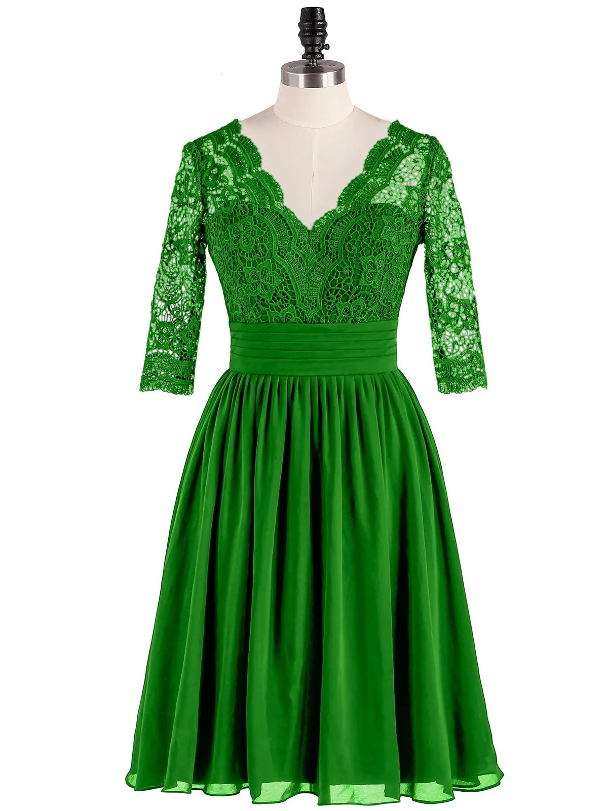 Lace and Chiffon Short Dress with Half Sleeves Moss