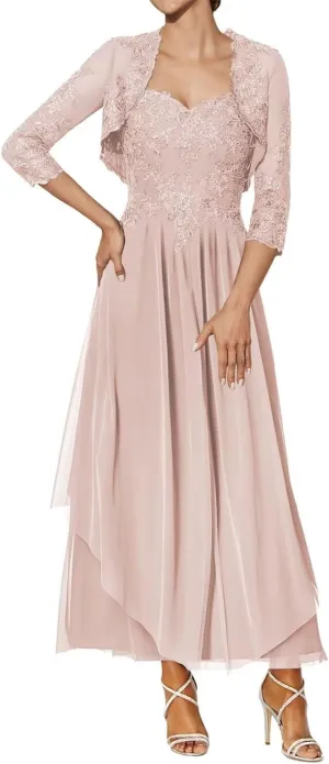 Lace Applique Mother of The Bride Dresses with Jacket Tea Length Wedding Guest Dress Sweetheart