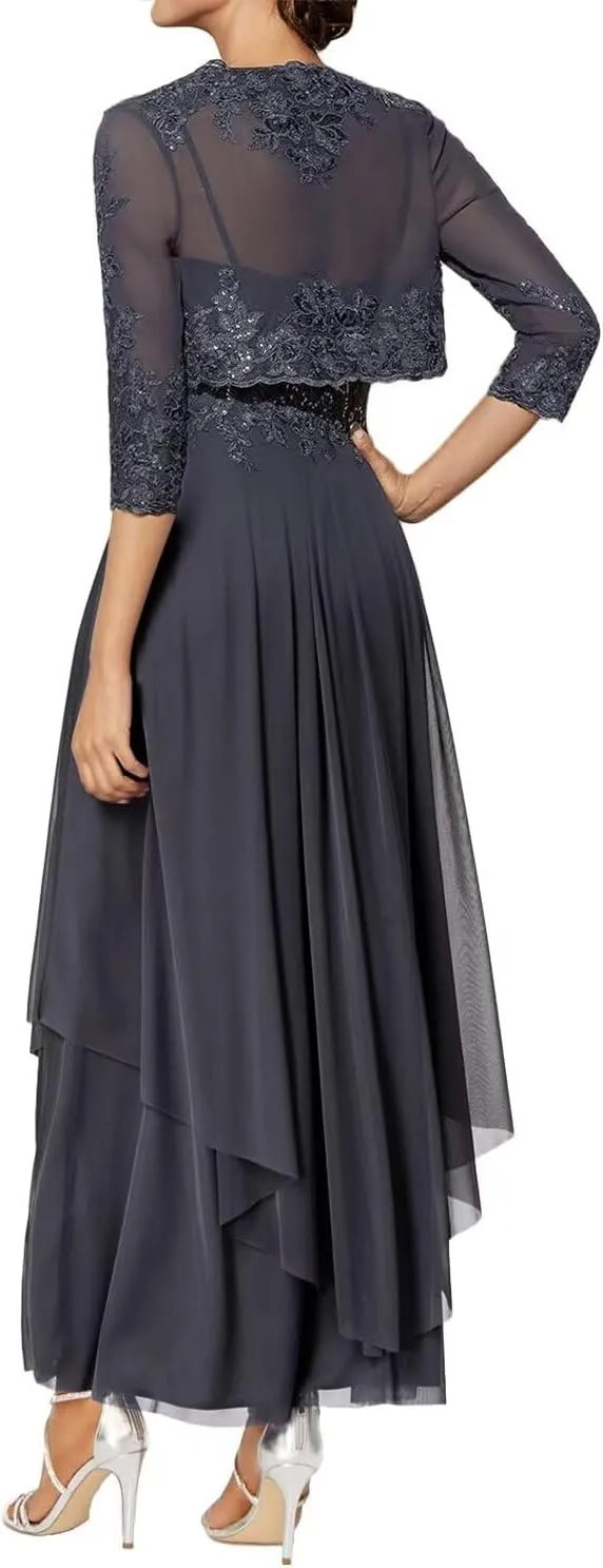 Lace Applique Mother of The Bride Dresses with Jacket Tea Length Wedding Guest Dress Sweetheart