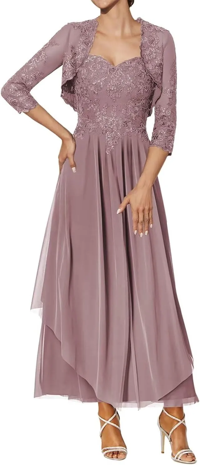 Lace Applique Mother of The Bride Dresses with Jacket Tea Length Wedding Guest Dress Sweetheart