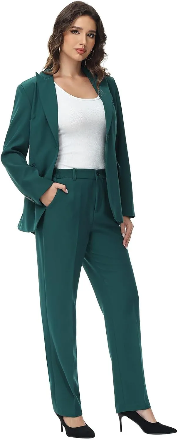 Lamgool Women Suit 2 Pieces Set One Button Lady's Business Formal Peak Lapel Blazer and Pants for Work