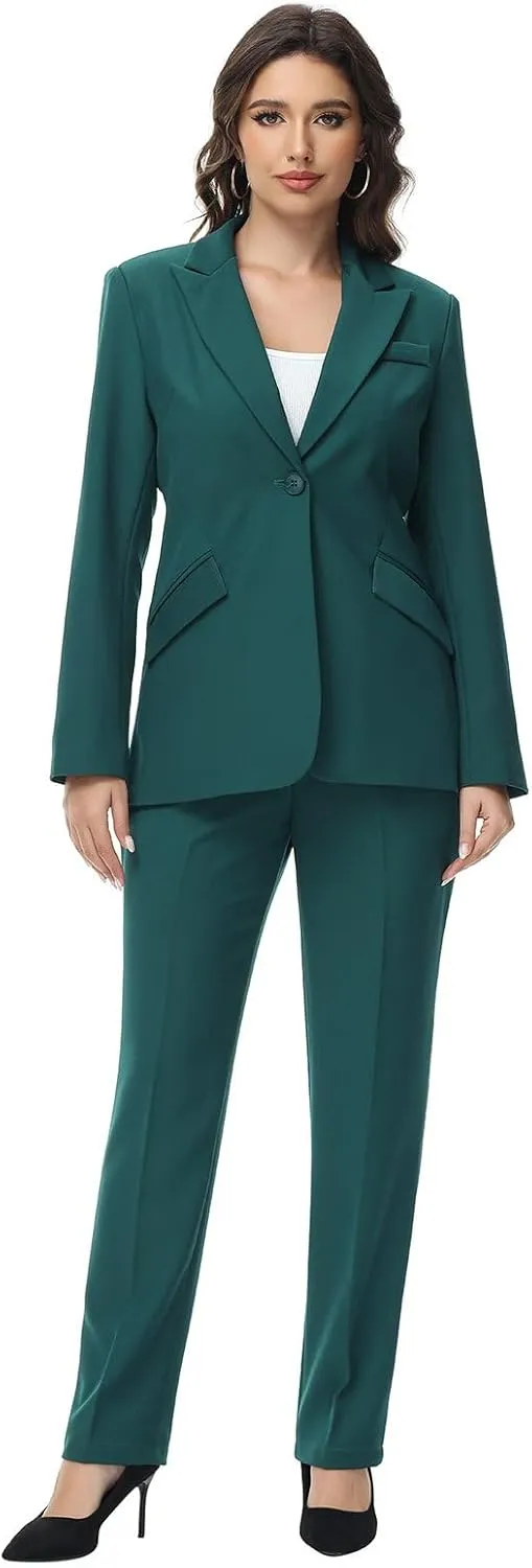 Lamgool Women Suit 2 Pieces Set One Button Lady's Business Formal Peak Lapel Blazer and Pants for Work
