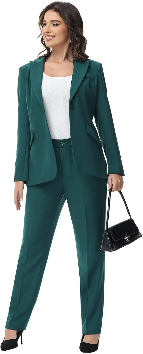 Lamgool Women Suit 2 Pieces Set One Button Lady's Business Formal Peak Lapel Blazer and Pants for Work