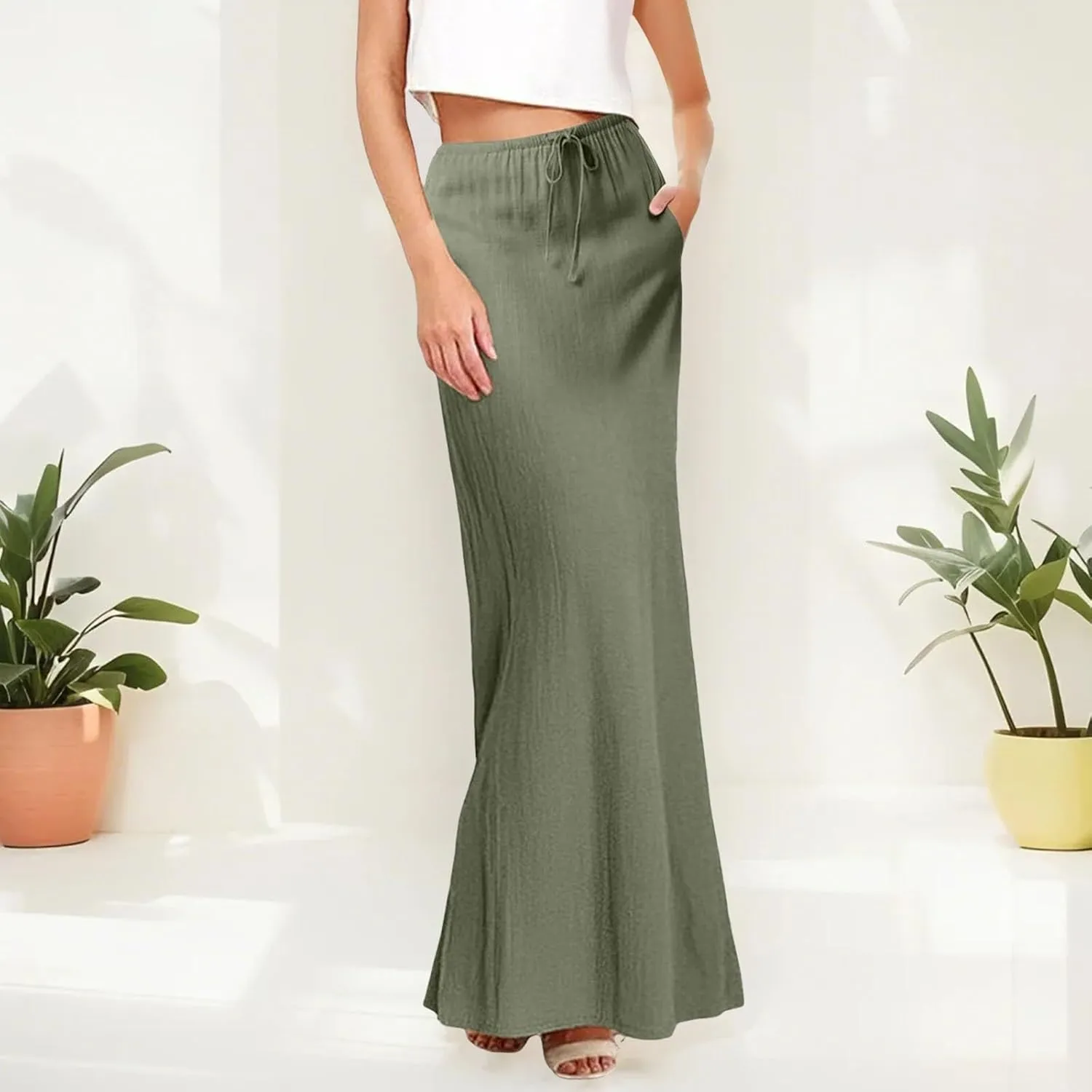 Linen Maxi Skirts for Women Trendy Casual Summer Drawstring Long A Line Skirt Comfy Flowy Boho Beach Vacation Skirt
