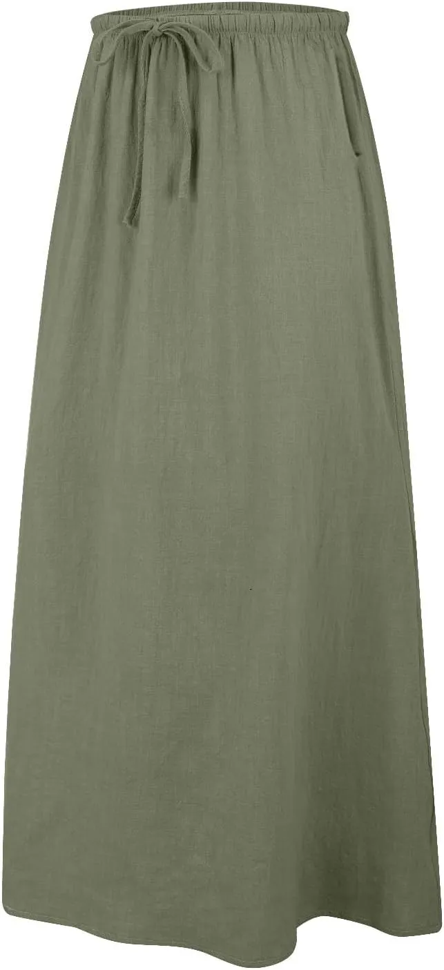 Linen Maxi Skirts for Women Trendy Casual Summer Drawstring Long A Line Skirt Comfy Flowy Boho Beach Vacation Skirt