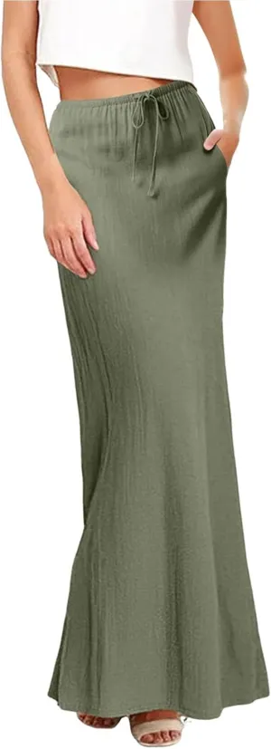 Linen Maxi Skirts for Women Trendy Casual Summer Drawstring Long A Line Skirt Comfy Flowy Boho Beach Vacation Skirt