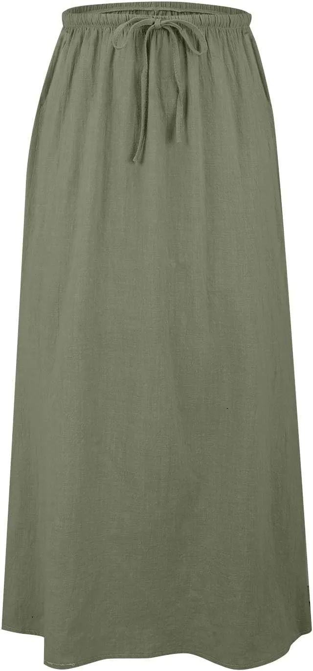 Linen Maxi Skirts for Women Trendy Casual Summer Drawstring Long A Line Skirt Comfy Flowy Boho Beach Vacation Skirt