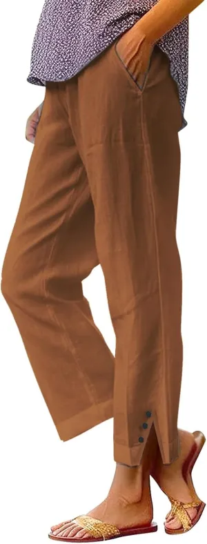 Linen Pants for Women Trendy Solid Straight Elastic Pant Long Drawstring Waist Cotton Casual Slit Plus Size Trousers