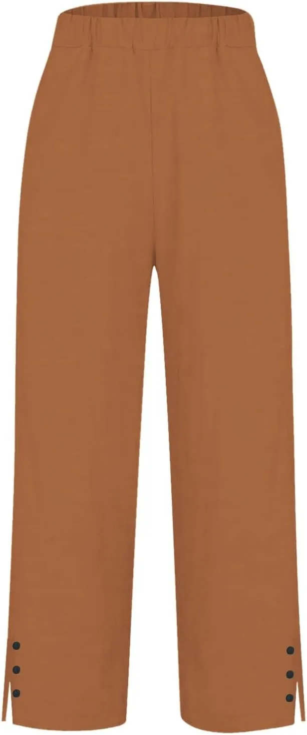 Linen Pants for Women Trendy Solid Straight Elastic Pant Long Drawstring Waist Cotton Casual Slit Plus Size Trousers