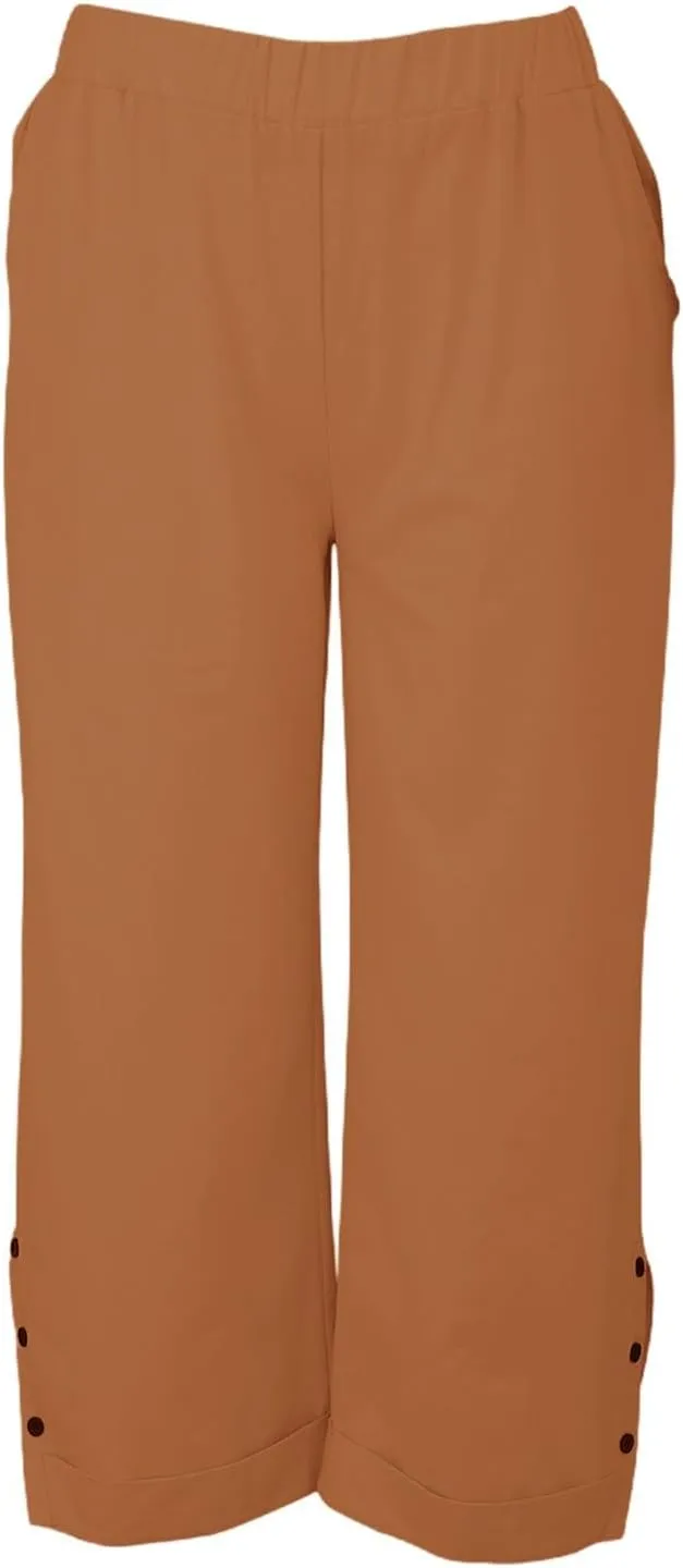 Linen Pants for Women Trendy Solid Straight Elastic Pant Long Drawstring Waist Cotton Casual Slit Plus Size Trousers