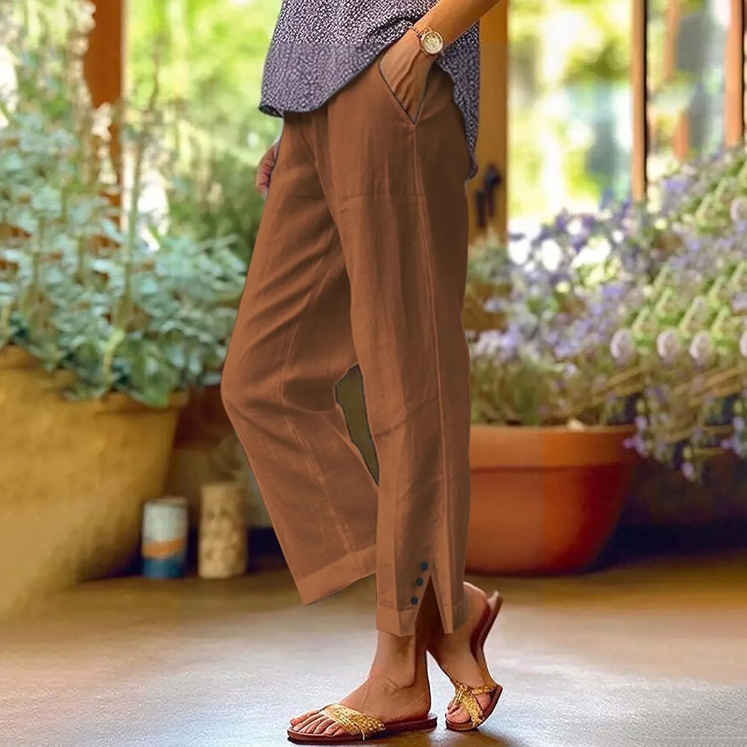 Linen Pants for Women Trendy Solid Straight Elastic Pant Long Drawstring Waist Cotton Casual Slit Plus Size Trousers