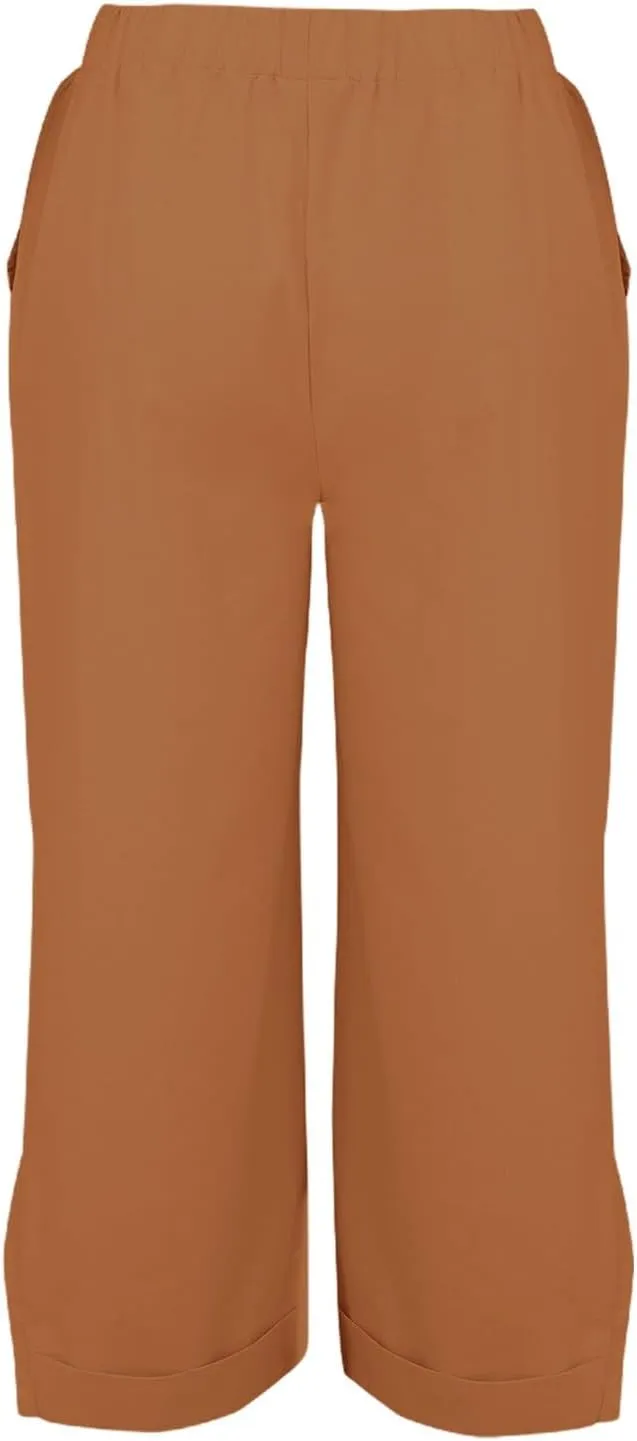 Linen Pants for Women Trendy Solid Straight Elastic Pant Long Drawstring Waist Cotton Casual Slit Plus Size Trousers