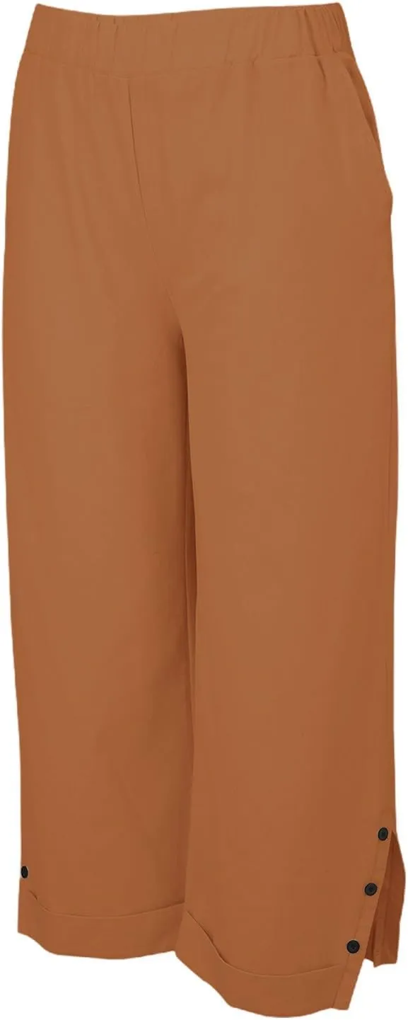 Linen Pants for Women Trendy Solid Straight Elastic Pant Long Drawstring Waist Cotton Casual Slit Plus Size Trousers