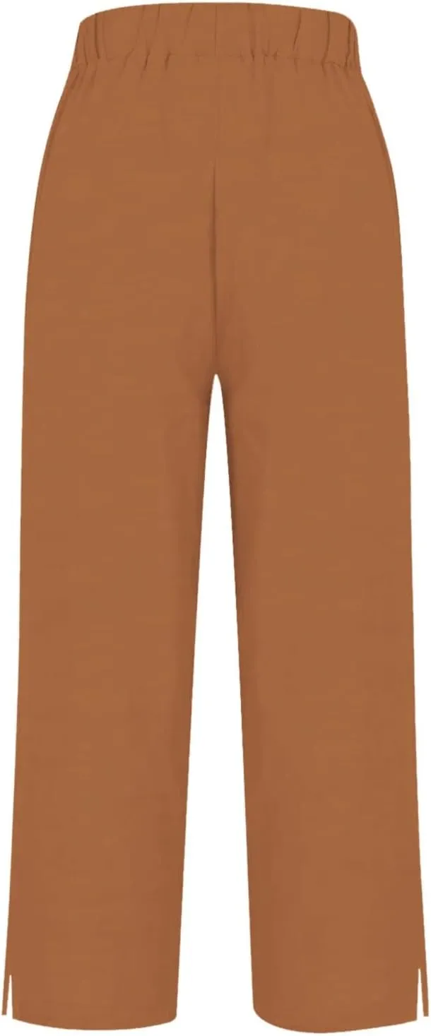 Linen Pants for Women Trendy Solid Straight Elastic Pant Long Drawstring Waist Cotton Casual Slit Plus Size Trousers