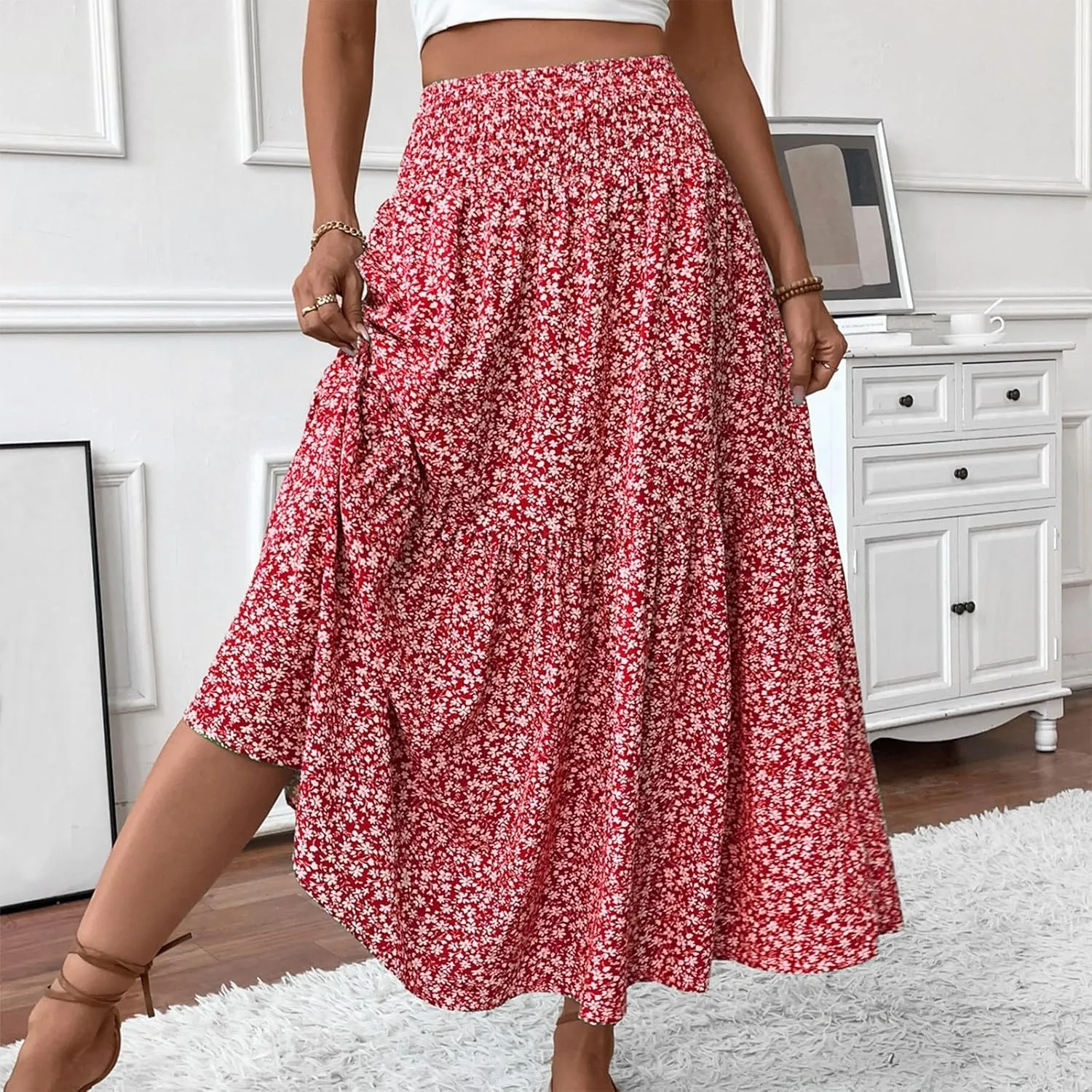 Long Skirts for Women Trendy Summer Flowy Floral Maxi Skirt Lightweight Elastic Smocked High Waisted A Line Skirts
