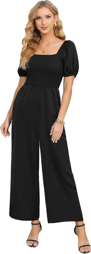 Love Welove Fashion Jumpsuits for Women Dressy Short Sleeve Smocked High Waist Wide Leg Pants Loose Romper Outfits