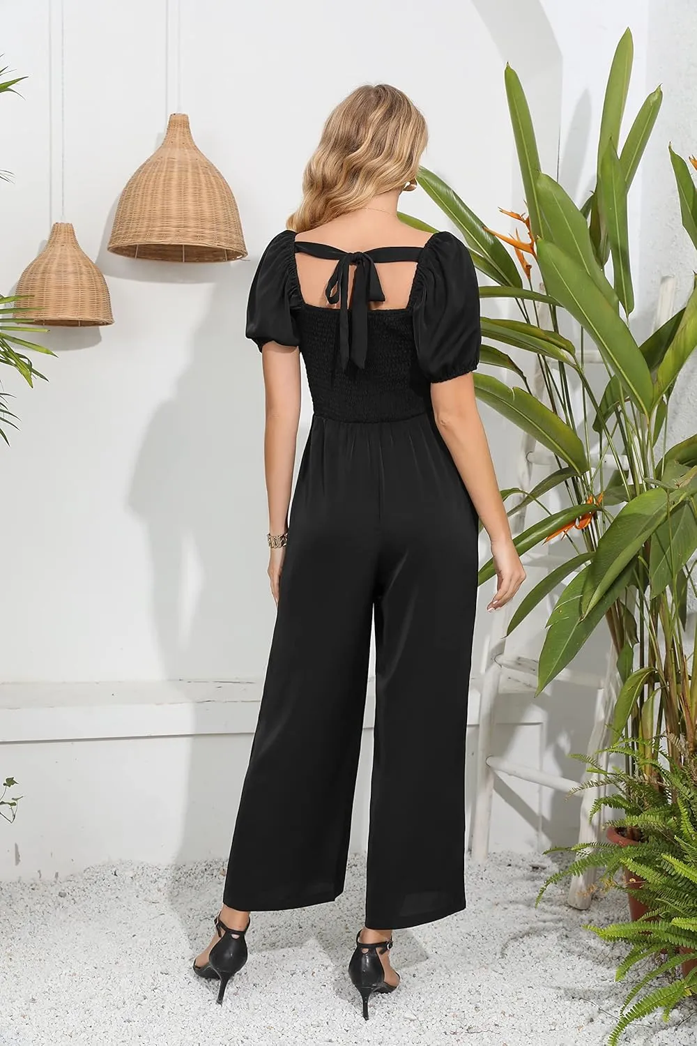Love Welove Fashion Jumpsuits for Women Dressy Short Sleeve Smocked High Waist Wide Leg Pants Loose Romper Outfits