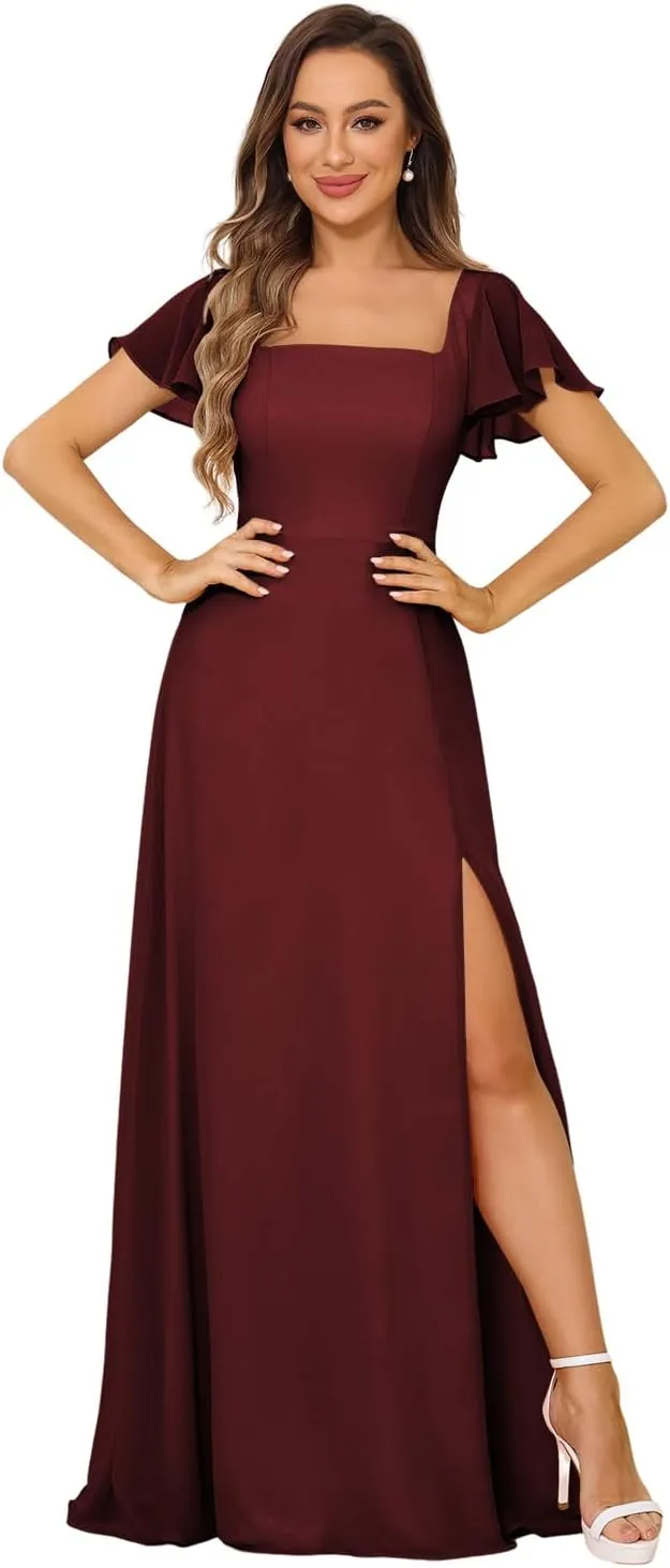 Loyeloy Women's Short Sleeve Bridesmaid Dresses for Wedding Empire Waist A Line Chiffon Long Formal Dresses with Slit
