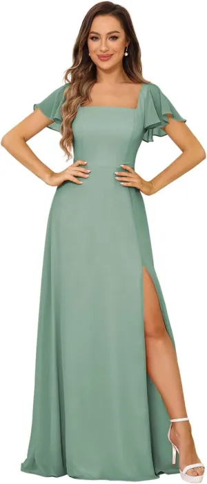 Loyeloy Women's Short Sleeve Bridesmaid Dresses for Wedding Empire Waist A Line Chiffon Long Formal Dresses with Slit