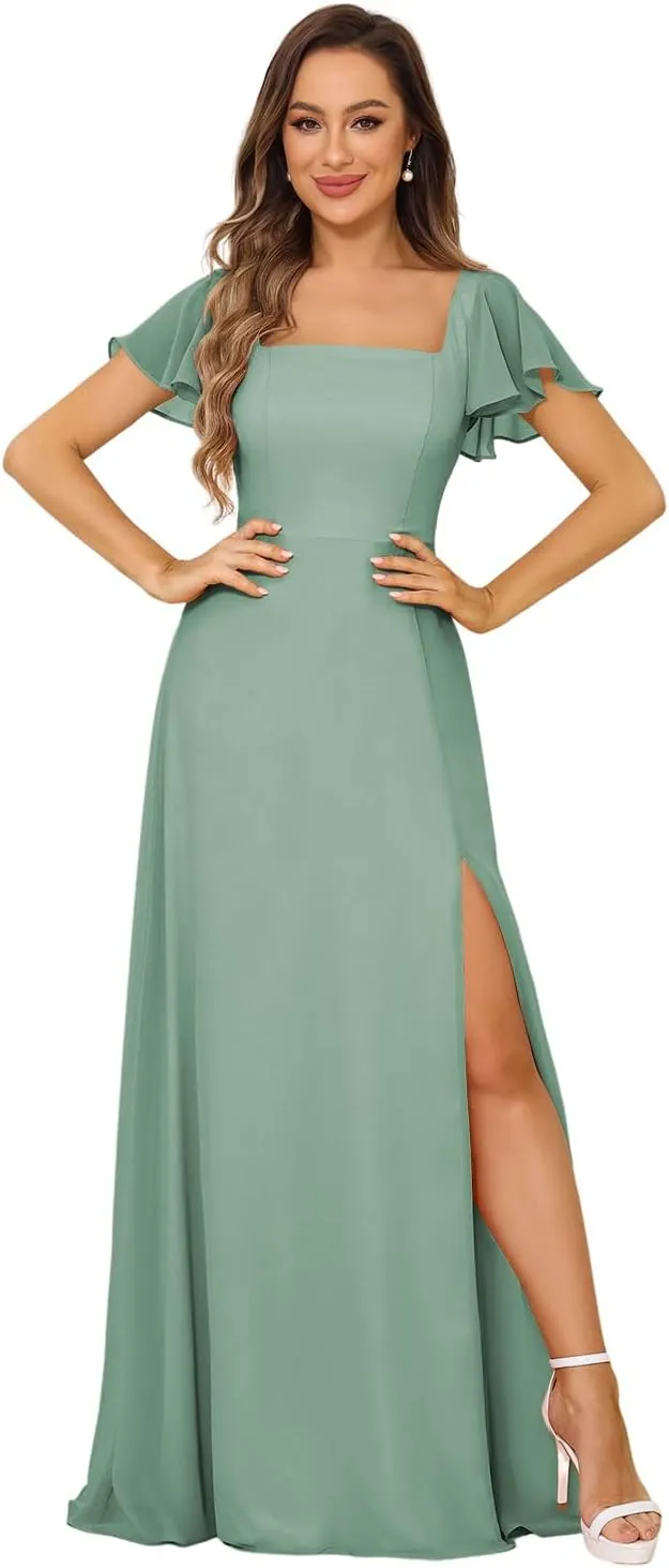 Loyeloy Women's Short Sleeve Bridesmaid Dresses for Wedding Empire Waist A Line Chiffon Long Formal Dresses with Slit