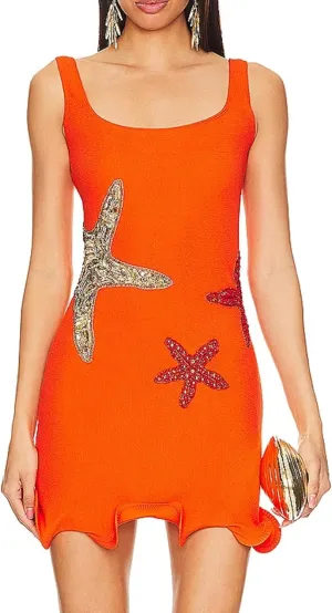 Luckinbaby Women Starfish Beach Dress Sequin Sleeveless Bodycon Short Tank Dress Ruffle Hem Knitted Mini Dresses