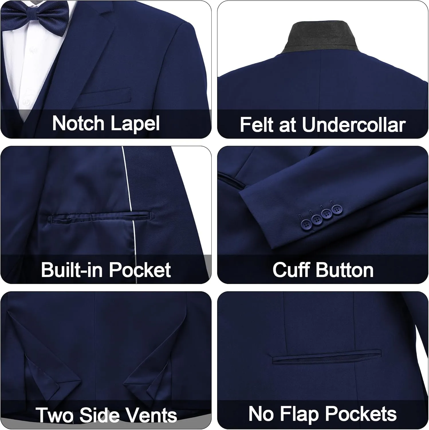 MAGE MALE Men's 3 Pieces Solid One Button Suit Elegant Slim Fit Single Breasted Party Tuxedo Blazer Vest Pants Set
