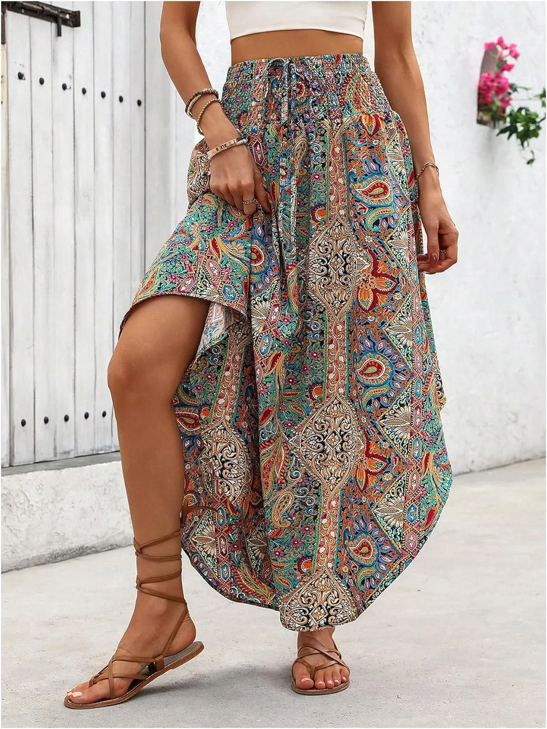 MakeMeChic Women's Boho Skirt Summer Beach Floral Flowy Long Midi Skirt