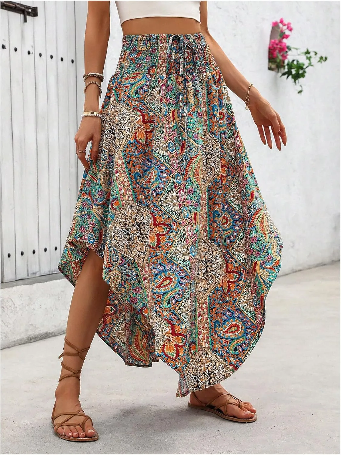 MakeMeChic Women's Boho Skirt Summer Beach Floral Flowy Long Midi Skirt