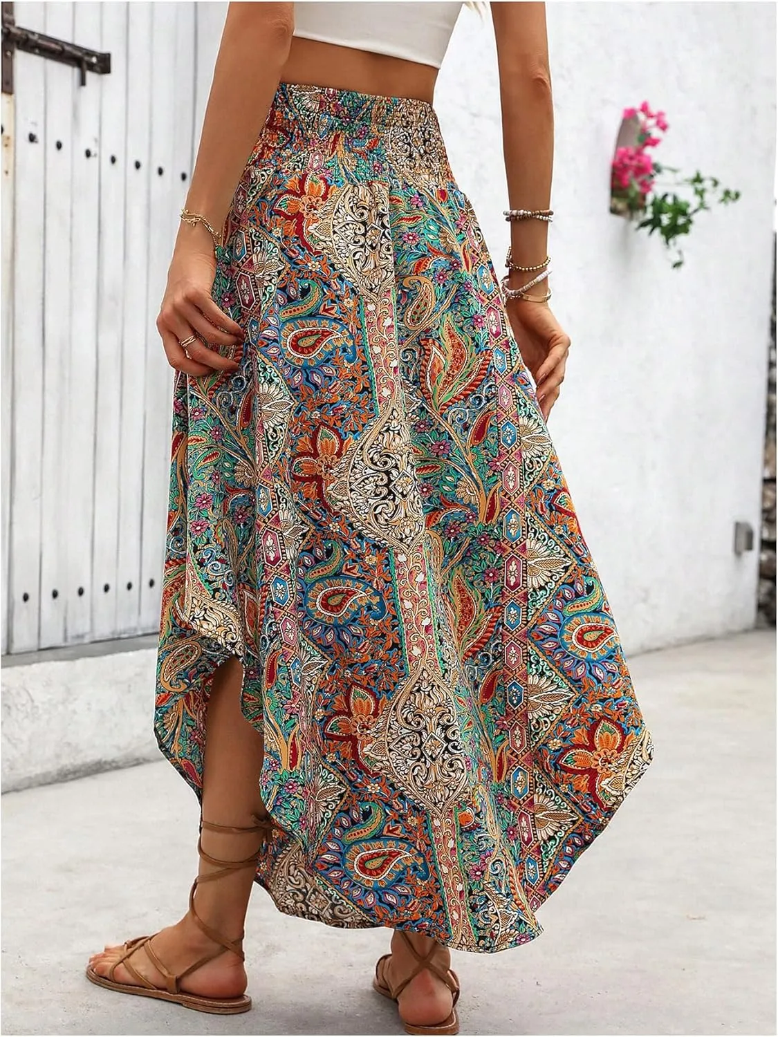 MakeMeChic Women's Boho Skirt Summer Beach Floral Flowy Long Midi Skirt