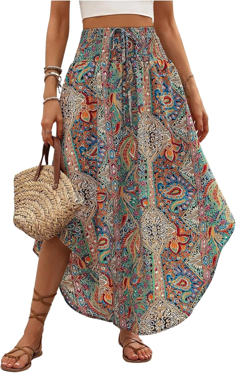 MakeMeChic Women's Boho Skirt Summer Beach Floral Flowy Long Midi Skirt