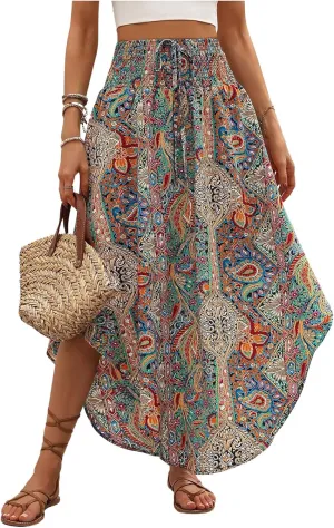 MakeMeChic Women's Boho Skirt Summer Beach Floral Flowy Long Midi Skirt
