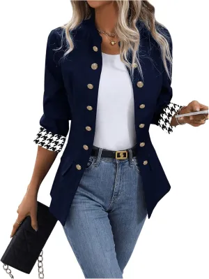 MakeMeChic Women's Houndstooth Open Front Mock Neck Double Breasted Long Sleeve Blazer Business Jacket