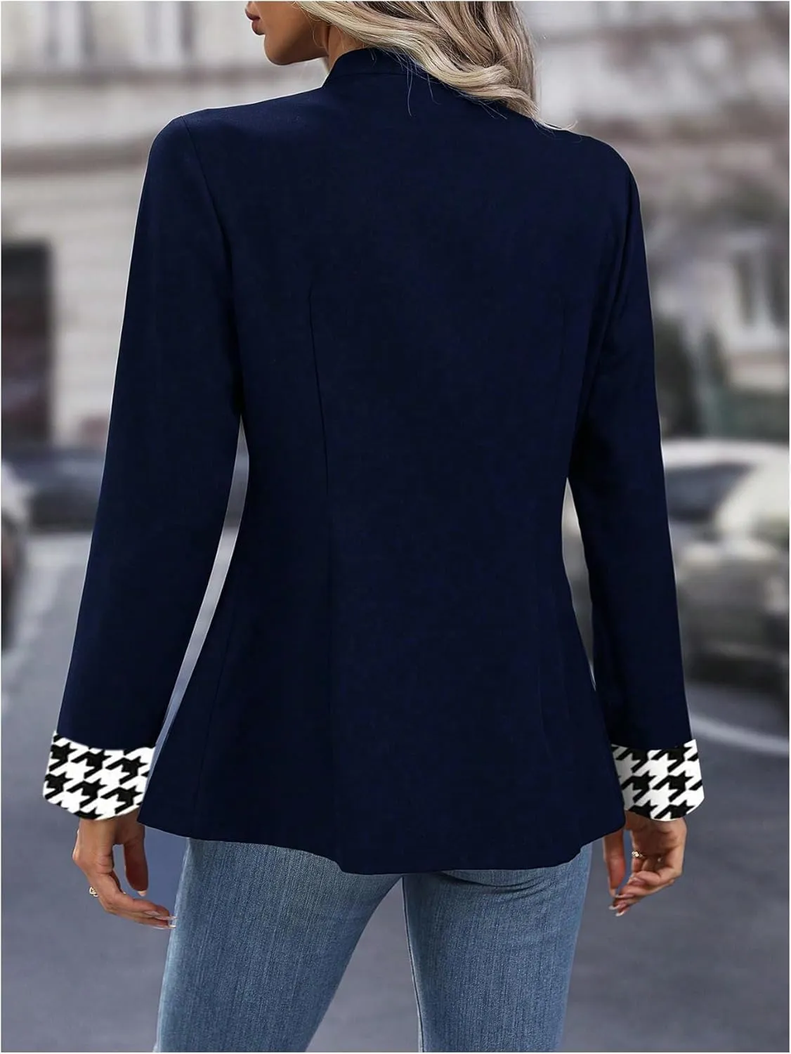 MakeMeChic Women's Houndstooth Open Front Mock Neck Double Breasted Long Sleeve Blazer Business Jacket