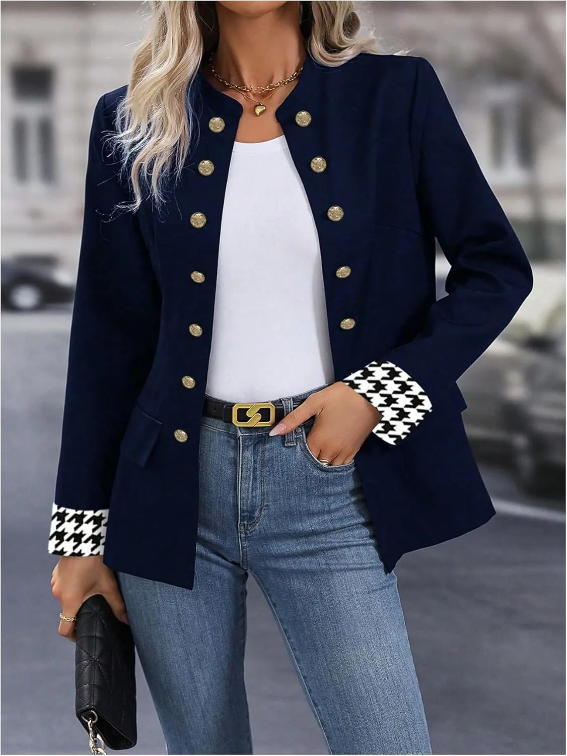 MakeMeChic Women's Houndstooth Open Front Mock Neck Double Breasted Long Sleeve Blazer Business Jacket