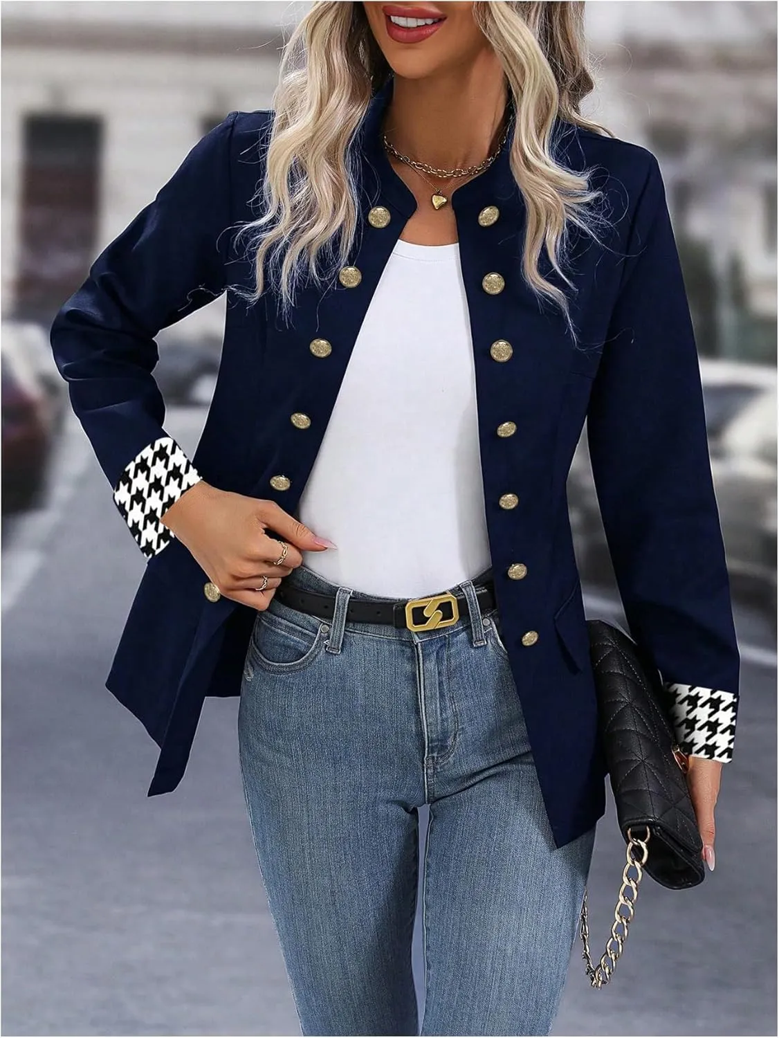 MakeMeChic Women's Houndstooth Open Front Mock Neck Double Breasted Long Sleeve Blazer Business Jacket