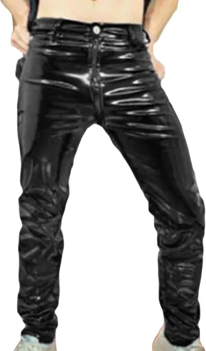 Men Faux Leather Zipper Crotch Pants Shiny Skinny Long Trousers Clubwear Slim Fit PU Leather Metallic Suit Pant