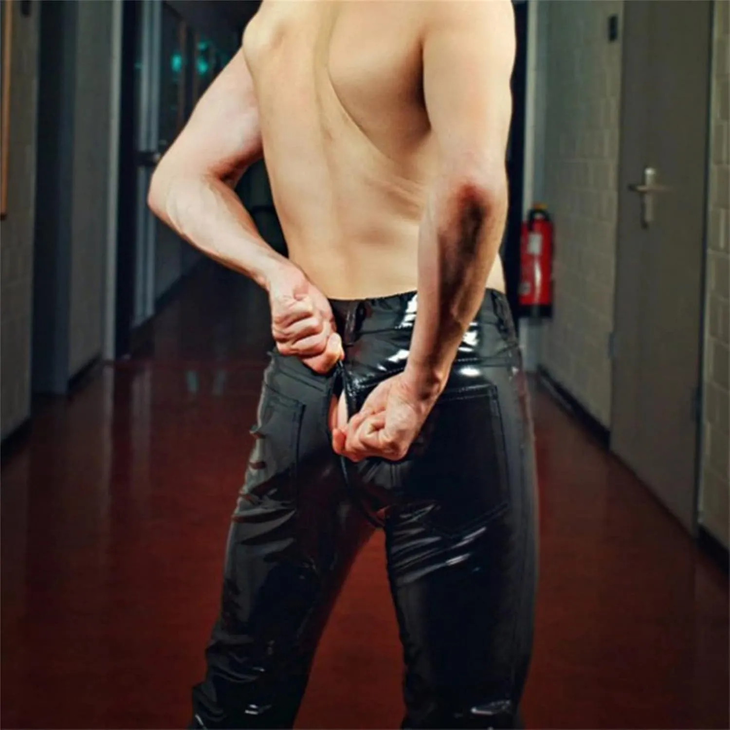 Men Faux Leather Zipper Crotch Pants Shiny Skinny Long Trousers Clubwear Slim Fit PU Leather Metallic Suit Pant