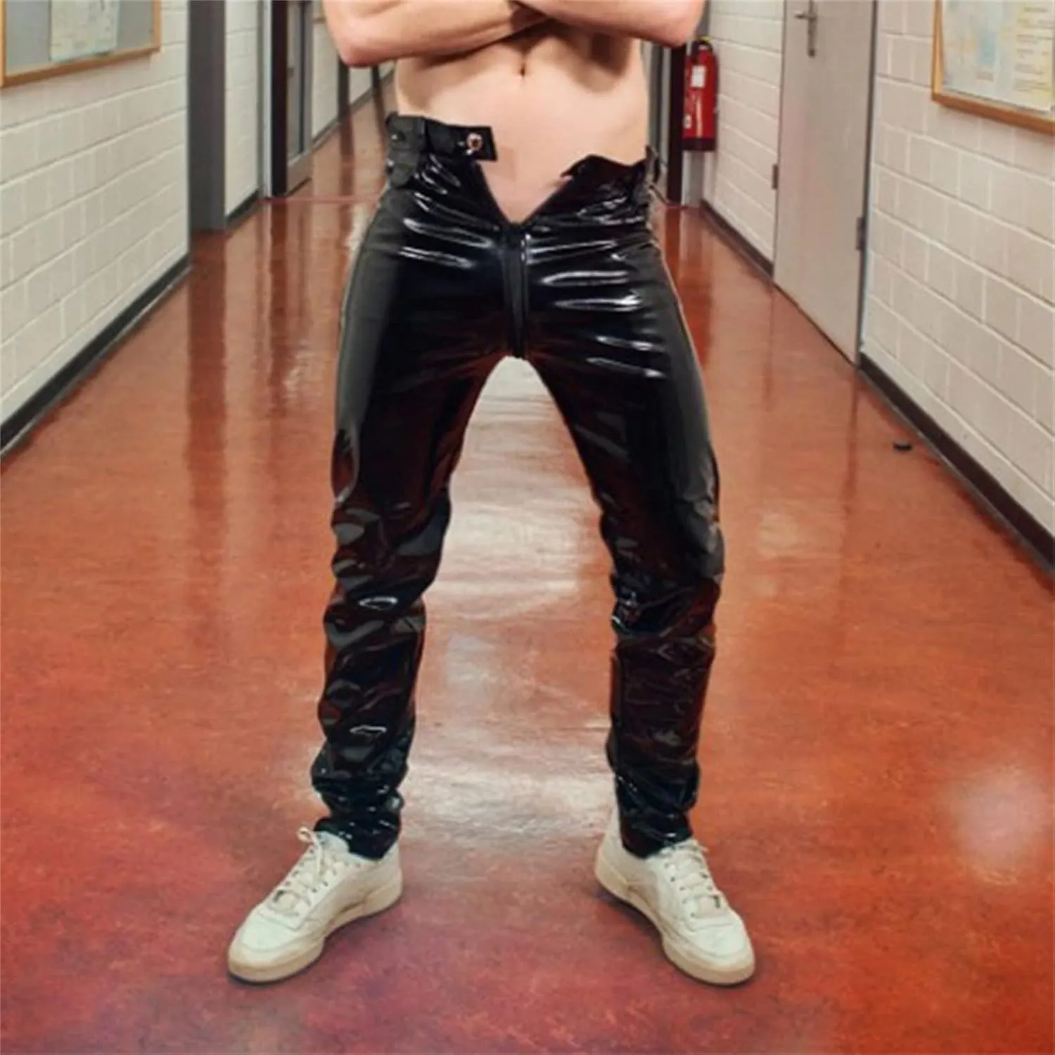 Men Faux Leather Zipper Crotch Pants Shiny Skinny Long Trousers Clubwear Slim Fit PU Leather Metallic Suit Pant