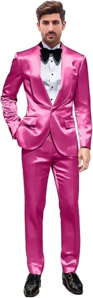 Mens 2 Piece Satin Suit One Button Slim Fit Formal Wedding Prom Party Tuxedo Suits Blazer Pants Set
